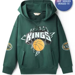 Primo Gino 100% Cotton French Terry Full Sleeves Drop Shoulder Hooded Sweatshirt with Text Print - Green-picture-16