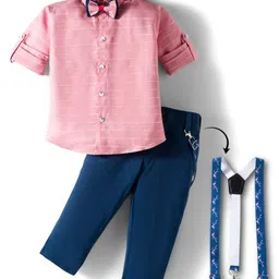 Rikidoos Full Sleeves Striped Shirt Pant With Suspender & Bow Set - Pink & Blue-picture-22