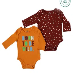 furr balls Organic Cotton Knit Pack Of 2 Full Sleeves Text & Polka Dots Printed Onesies - Brown & Yellow-picture-18