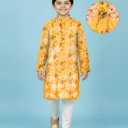 EARTHY TOUCH Chanderi Woven Full Sleeves Kurta Pajama Set with Floral Print - Yellow-picture-25