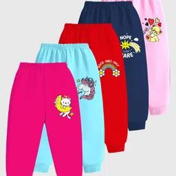 KUCHIPOO Cotton Knit Pack Of 5 Cat Rainbow & Unicorn Printed Track Pants - Pink Red Navy Blue & Dark Pink-picture-27