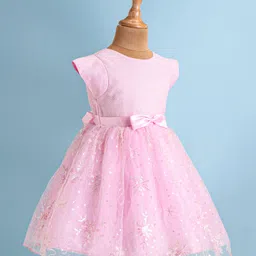 Babyhug Woven Cap Sleeves Fit & Flared Sequined Embroidered Party Frock & Bow Applique - Peach image 2
