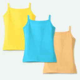 Ariel Cotton Lycra Knit Pack Of 3 Sleeveless Solid Camisoles - Yellow Sky Blue & Beige image 3
