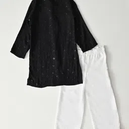 Bella Moda Cotton Woven Full Sleeves Sequins Embellished & Floral Embroidered Kurta Pyjama Set - Black image 3