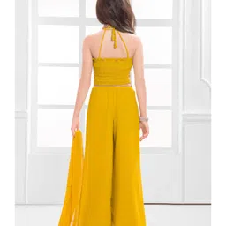 Ministitch Cotton Silk Woven Sleeveless Floral Embroidered & Sequins Embellished Crop Top & Palazzo With Dupatta Set - Yellow image 3