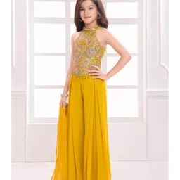 Ministitch Cotton Silk Woven Sleeveless Floral Embroidered & Sequins Embellished Crop Top & Palazzo With Dupatta Set - Yellow image 4