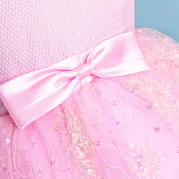 Babyhug Woven Cap Sleeves Fit & Flared Sequined Embroidered Party Frock & Bow Applique - Peach image 4