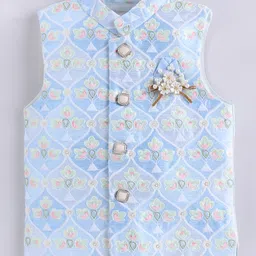 LITTLE COLLARS Jacquard Full Sleeves Solid Kurta & Pyjama With Floral Embroidered Nehru Jacket & Broach - Blue image 5