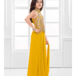 Ministitch Cotton Silk Woven Sleeveless Floral Embroidered & Sequins Embellished Crop Top & Palazzo With Dupatta Set - Yellow image 5
