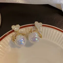 PolluxCraft Korean Gold-Plated Zircon & Pearls Studded Heart Shape Drop Earrings image 3