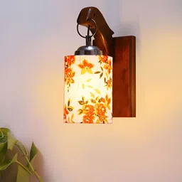 Devansh Brown & White Floral Printed Wooden Cylinder Shaped Wall Lamp With Cotton Shade image 5