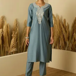 Anouk Floral Yoke Design Notch Neck Straight Chanderi Silk Kurta With Trousers & Dupatta-image-68