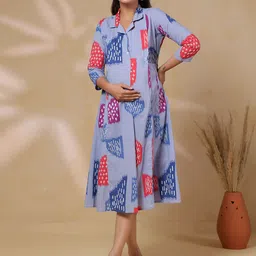 CRAFIQA Women Maternity Geometric Printed Shirt Collar A-Line Midi Dress-image-63