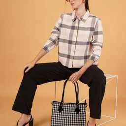 IX IMPRESSION Women Pink & Gray Checked Button-Down Flannel Shirt Style Collared Top image 4