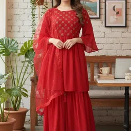 SZN Women Ethnic Motifs Embroidered Tiered Sequinned Kurta with Sharara & With Dupatta-picture-13