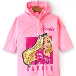 Babyhug Full Sleeves Calf Length Hooded Raincoat Barbie Print - Pink-image-36