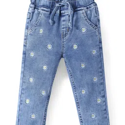Babyhug Denim Full Length with Stretch Jeans Floral Embroidery - Blue-picture-15