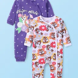 Babyhug Disney Interlock Knit Full Sleeves Front Open Romper with Chip & Dale Print Pack of2- Purple & White-picture-34