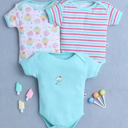 BUMZEE Cotton Knit Half Sleeves Cuppy Cake Printed Onesies Pack of 3 - Mint Green & White-picture-22