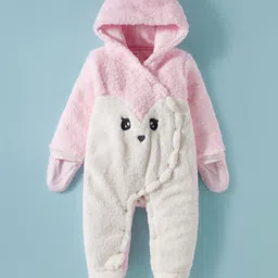 Babyhug Fur Woven Winter Wear Full Sleeves Hooded Romper with Embroidery & Ear Applique - Pink & White-image-81