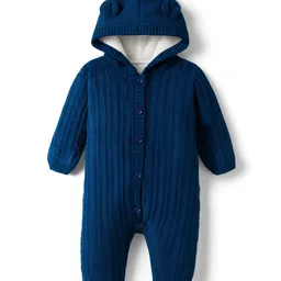 Babyhug Knit Full Sleeves Hooded Romper With Ear Applique - Navy Blue-image-62