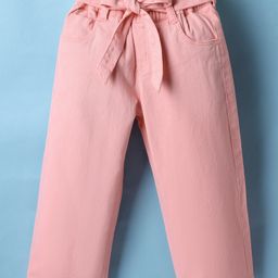 Olio Kids Cotton Woven Full Length Solid Coloured Trouser With Belt - Pink-picture-3