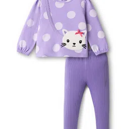Babyhug Single Jersey Knit Full Sleeves Top and Leggings with Polka Dots & Cat Patch Print - Lavender-picture-22