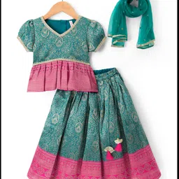 Babyhug Brocade Woven Half Sleeves Pattu Pavda Choli Lehenga & Dupatta Set With Floral Foil Print - Teal Blue-picture-29