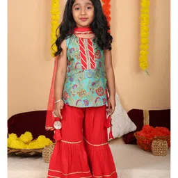 Kinder Kids Cotton Woven Sleeveless Floral Printed & Gota Lace Embellished Kurti Sharara With Dupatta Set - Green image 1