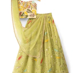 Pine Kids Woven Sleeveless Choli Lehenga Set With Dupatta & Sequin Floral Detailing - Olive Green-picture-11