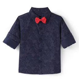 Babyhug Woven Full Sleeves Floral Printed Party Shirt with Bow - Navy Blue image 2