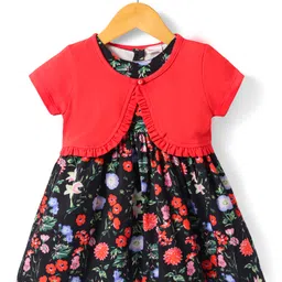 Babyhug Cotton Woven Half Sleeves Solid Color Shrug & Floral Printed Frock - Black & Red image 2