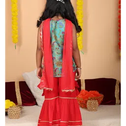 Kinder Kids Cotton Woven Sleeveless Floral Printed & Gota Lace Embellished Kurti Sharara With Dupatta Set - Green image 3