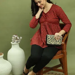 Roly Poly Women Floral Ethnic Printed Lace-Up Pure Cotton Peplum Top image 2