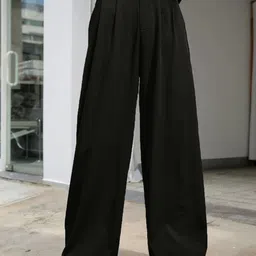 Kotty Women Relaxed Straight Leg Straight Fit High-Rise Easy Wash Pleated Trousers-image-82
