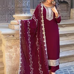 HERE&NOW Women Embroidered Regular Pure Silk Kurta with Trousers And Dupatta image 5