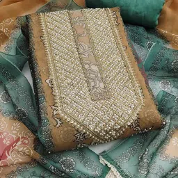 Maroosh Floral Embellished Beads Detail Yoke Design Unstitched Dress Material-image-39