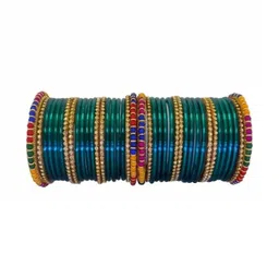 Shasmi Set Of 10 Turquoise Blue Glass Artificial Stones & Beads Bangle-picture-25