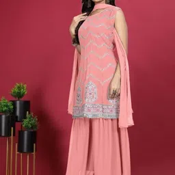 PARROT CREATION Floral Embroidered Sequinned Georgette A-Line Kurti With Sharara & Dupatta image 4