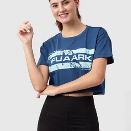 FUAARK Women Typography Printed Pure Cotton Anti Odour Training or Gym Cropped T-shirt-image-14