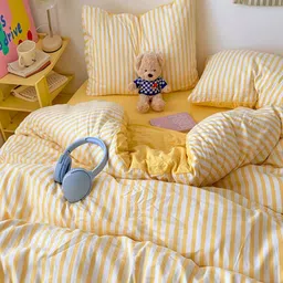 JC HOME Yellow & Cream-Coloured Striped Polycotton 3 Piece Double Queen Regular Bedding Set image 5