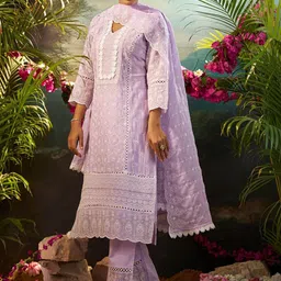 Indo Era Women Ethnic Motifs Embroidered Regular Chikankari Pure Cotton Kurta with Trousers & With Dupatta image 4