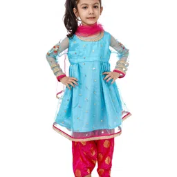 Babyhug Full Sleeves Top and Dhoti Set with Net Dupatta Glitter Print - Blue image 2