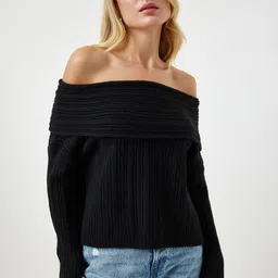 Happiness istanbul Siyah Women Ribbed Off-Shoulder Long Sleeves Pullover image 3