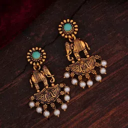 SHONA'S STYLE Brass-Plated Garnet & Pearls Beaded Elephant Shaped Antique Drop Earrings-picture-28