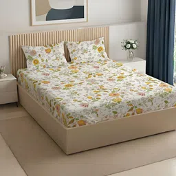 LIVSPACE Yellow & Green Floral Printed 144 TC Bedsheet with 2 Pillow Covers image 5