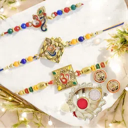 MEIRA JEWELLERY Set Of 3 Beaded OM Rakhi Comes with Roli Chawal & Greeting Card-picture-14
