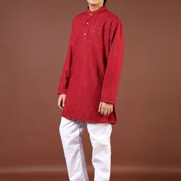 V-Mart Boys Floral Embroidered Band Collar Sequinned Straight Kurta With Pyjama image 4