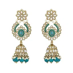 I Jewels Gold Plated Traditional Kundan & Pearl Studded Geometric Jhumkas image 2