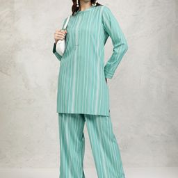Vishudh Turquoise Blue Striped Band Collar Long Sleeves Top With Palazzo-picture-38